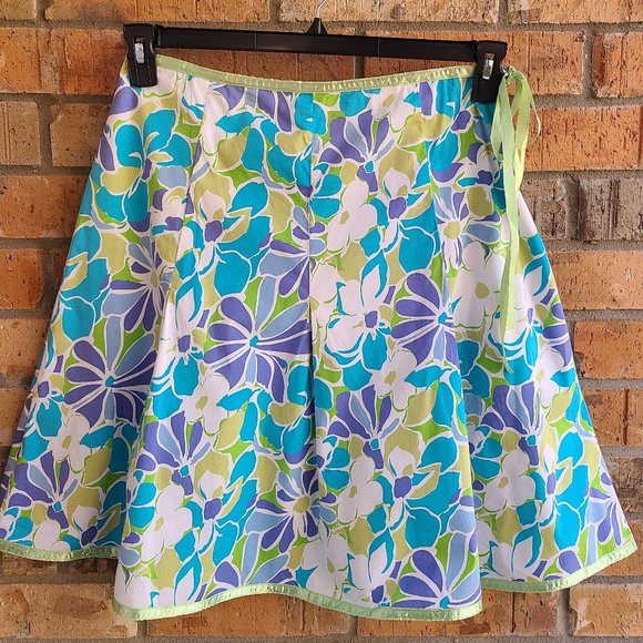 St. John's Bay Flared Pleated Skirt Side Tie Blue White Floral Size 14 - Picture 7 of 7